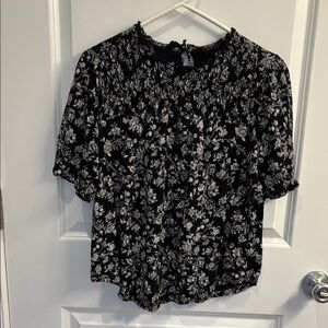 Lucky Brand Black and White Ruffled Floral Blouse